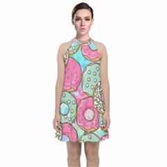 Donut Pattern Texture Colorful Sweet Velvet Halter Neckline Dress  by Grandong