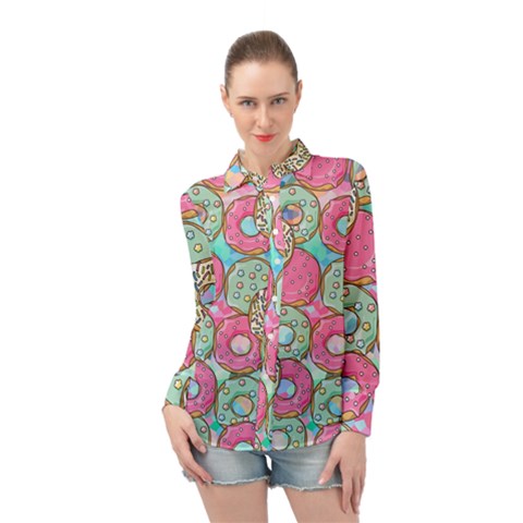 Donut Pattern Texture Colorful Sweet Long Sleeve Chiffon Shirt by Grandong