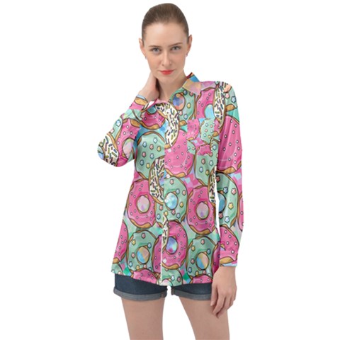 Donut Pattern Texture Colorful Sweet Long Sleeve Satin Shirt by Grandong