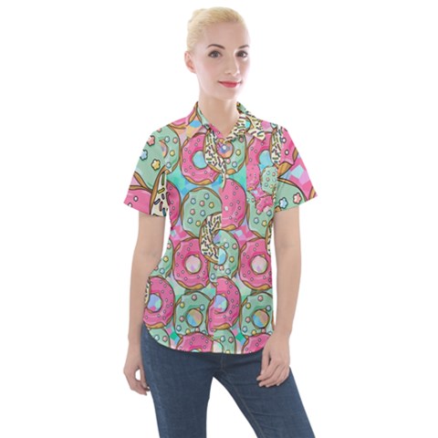 Donut Pattern Texture Colorful Sweet Women s Short Sleeve Pocket Shirt by Grandong