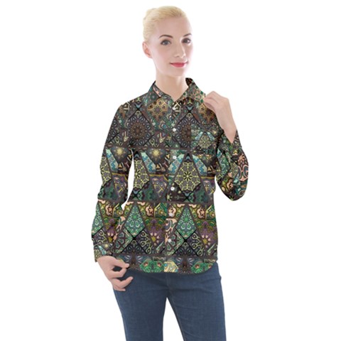 Digital Art Triangle Pattern Texture Mosaic Women s Long Sleeve Pocket Shirt by Grandong