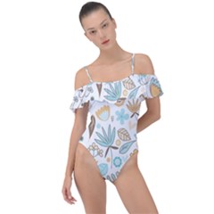 Pattern Flower Leaves, Frill Detail One Piece Swimsuit by Grandong