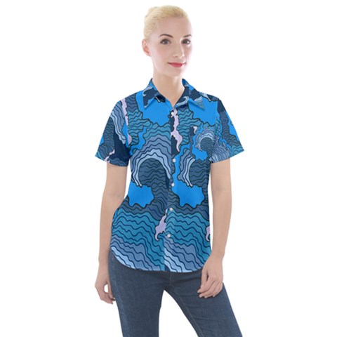 Blue Moving Texture Abstract Texture Women s Short Sleeve Pocket Shirt by Grandong