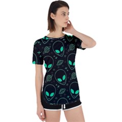 Alien Green Black Pattern Perpetual Short Sleeve T-shirt by Ndabl3x