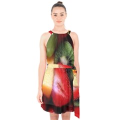 Fruits, Food, Green, Red, Strawberry, Yellow Halter Collar Waist Tie Chiffon Dress by nateshop