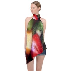 Fruits, Food, Green, Red, Strawberry, Yellow Halter Asymmetric Satin Top by nateshop