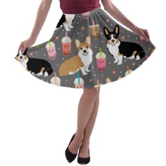 Welsh Corgi Dog Boba Tea Bubble Kawaii A-line Skater Skirt by Grandong