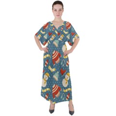 Winter Blue Christmas Snowman Pattern V-neck Boho Style Maxi Dress by Grandong