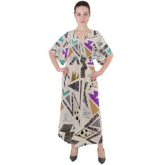 90s Geometric Christmas Pattern V-neck Boho Style Maxi Dress by Grandong