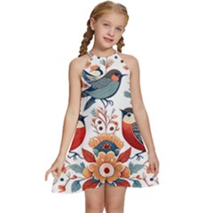 Birds Kids  Halter Collar Waist Tie Chiffon Dress by Valentinaart