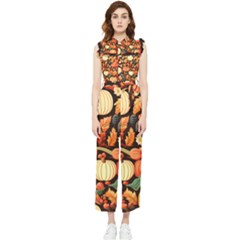 Thanksgiving Pattern Women s Frill Top Chiffon Jumpsuit by Valentinaart