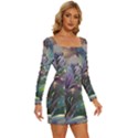 Abstract Blossoms  Long Sleeve Square Neck Bodycon Velvet Dress View3