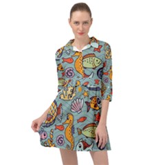 Cartoon Underwater Seamless Pattern With Crab Fish Seahorse Coral Marine Elements Mini Skater Shirt Dress by uniart180623