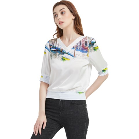 Venice T- Shirt Venice Voyage Art Digital Painting Watercolor Discovery T- Shirt (4) Quarter Sleeve Blouse by ZUXUMI