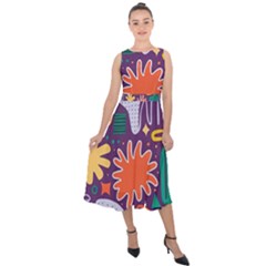 Colorful Shapes On A Purple Background Midi Tie-back Chiffon Dress by LalyLauraFLM