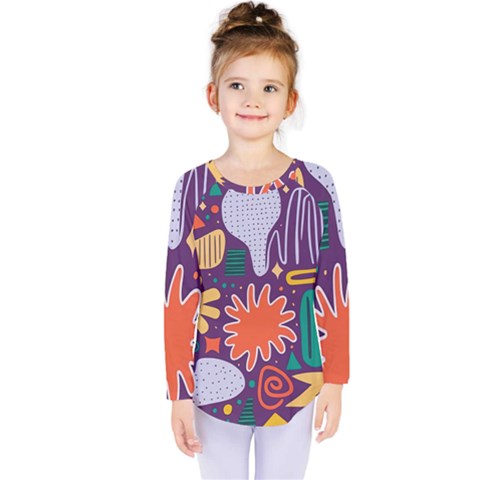 Colorful Shapes On A Purple Background Kids  Long Sleeve T-shirt by LalyLauraFLM