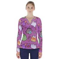 Pusheen Cat V-neck Long Sleeve Top by Pakjumat