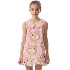 Cat Pattern Pink Cartoon Kids  Pilgrim Collar Ruffle Hem Dress by Pakjumat