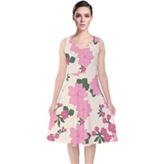 Floral Vintage Flowers V-neck Midi Sleeveless Dress  by Dutashop