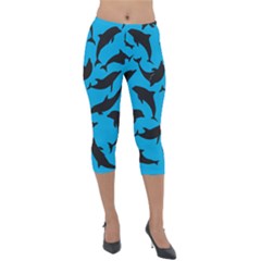 Dolphin Silhouette Pattern Lightweight Velour Capri Leggings  by Pakjumat