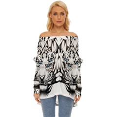 White And Black Tiger Off Shoulder Chiffon Pocket Shirt by Sarkoni