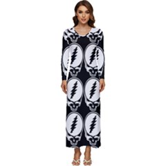 Black And White Deadhead Grateful Dead Steal Your Face Pattern Long Sleeve Longline Maxi Dress by Sarkoni