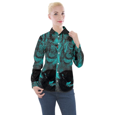 Angry Male Lion Predator Carnivore Women s Long Sleeve Pocket Shirt by uniart180623