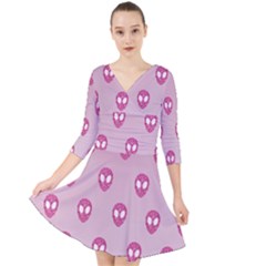 Alien Pattern Pink Quarter Sleeve Front Wrap Dress by Ket1n9