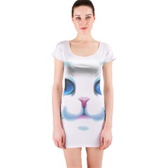 Cute White Cat Blue Eyes Face Short Sleeve Bodycon Dress by Ket1n9