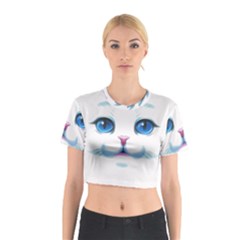 Cute White Cat Blue Eyes Face Cotton Crop Top by Ket1n9