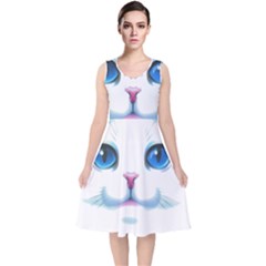 Cute White Cat Blue Eyes Face V-neck Midi Sleeveless Dress  by Ket1n9