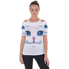 Cute White Cat Blue Eyes Face Shoulder Cut Out Short Sleeve Top by Ket1n9