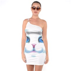 Cute White Cat Blue Eyes Face One Shoulder Ring Trim Bodycon Dress by Ket1n9