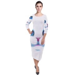 Cute White Cat Blue Eyes Face Quarter Sleeve Midi Velour Bodycon Dress by Ket1n9