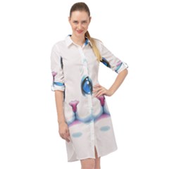 Cute White Cat Blue Eyes Face Long Sleeve Mini Shirt Dress by Ket1n9