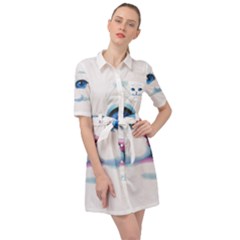 Cute White Cat Blue Eyes Face Belted Shirt Dress by Ket1n9