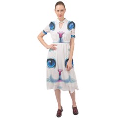 Cute White Cat Blue Eyes Face Keyhole Neckline Chiffon Dress by Ket1n9