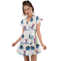 Cute White Cat Blue Eyes Face Flutter Sleeve Wrap Dress by Ket1n9