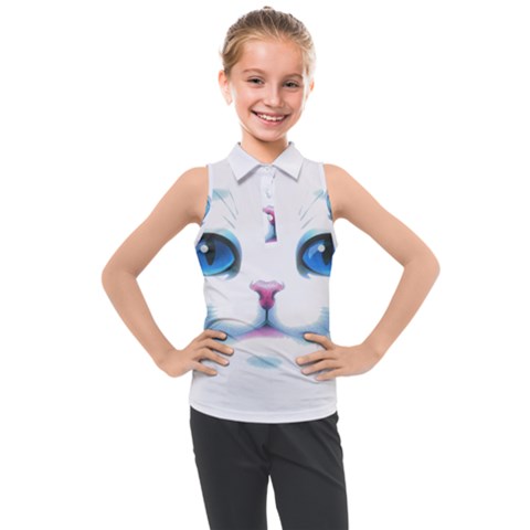 Cute White Cat Blue Eyes Face Kids  Sleeveless Polo T-shirt by Ket1n9