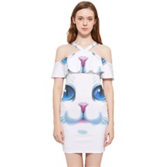 Cute White Cat Blue Eyes Face Shoulder Frill Bodycon Summer Dress by Ket1n9