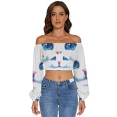 Cute White Cat Blue Eyes Face Long Sleeve Crinkled Weave Crop Top by Ket1n9