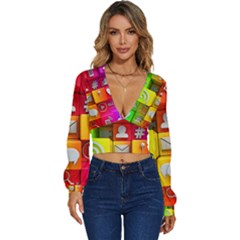 Colorful 3d Social Media Long Sleeve Deep-v Velour Top by Ket1n9