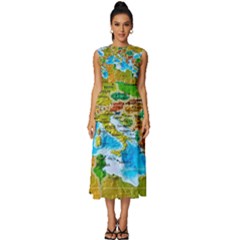 World Map Sleeveless Round Neck Midi Dress by Ket1n9