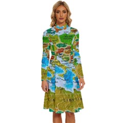 World Map Long Sleeve Shirt Collar A-line Dress by Ket1n9