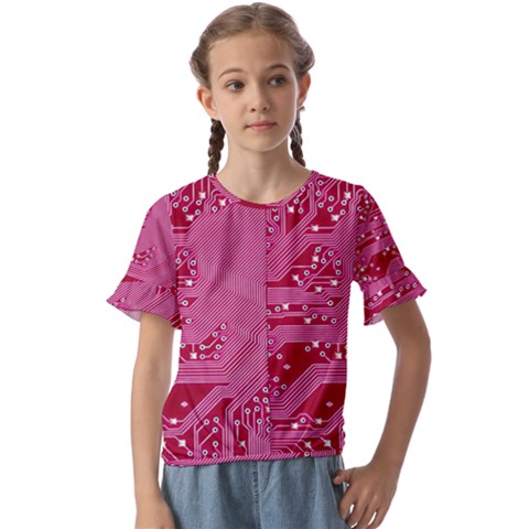 Pink Circuit Pattern Kids  Cuff Sleeve Scrunch Bottom T-shirt by Ket1n9