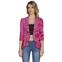 Pink Circuit Pattern Women s 3/4 Sleeve Ruffle Edge Open Front Jacket by Ket1n9