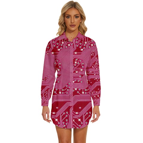 Pink Circuit Pattern Womens Long Sleeve Shirt Dress by Ket1n9