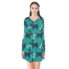 Happy-dogs Animals Pattern Long Sleeve V-neck Flare Dress by Ket1n9