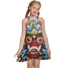 Wood Sculpture Bali Logo Kids  Halter Collar Waist Tie Chiffon Dress by Ket1n9