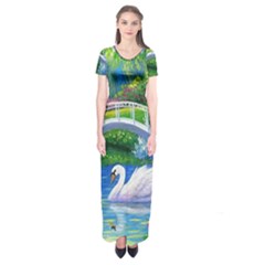 Swan Bird Spring Flowers Trees Lake Pond Landscape Original Aceo Painting Art Short Sleeve Maxi Dress by Ket1n9